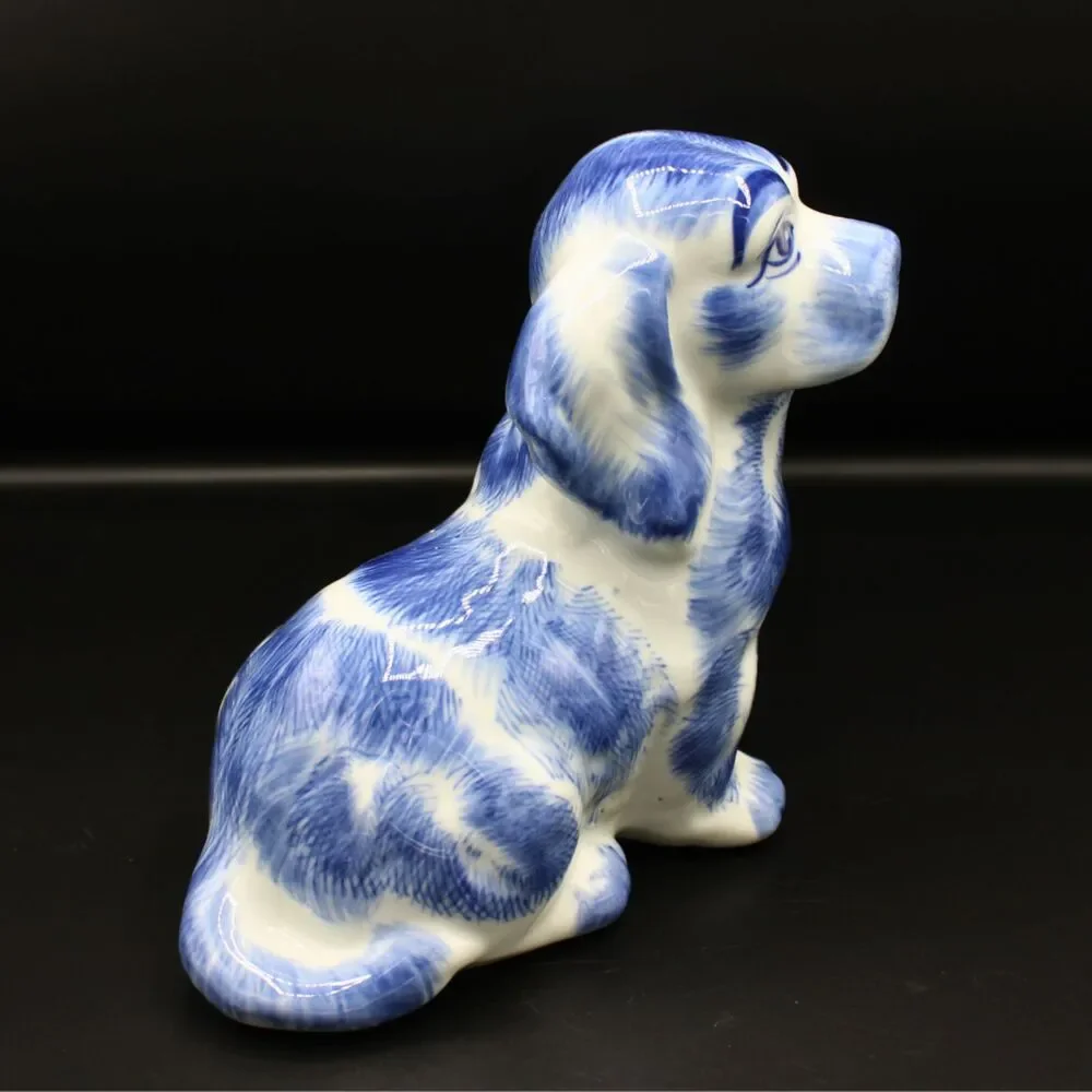 Vintage Blue White Ceramic Dog Figurine Glossy Glaze Cocker Basset Animal Decor